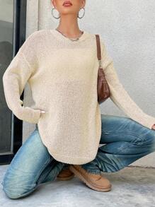 SHEIN Unity 落肩罗纹针织套头衫，适合秋冬季穿着 - 杏色 - 查看 6