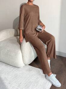 EURMUSE 100%Cotton Solid Drop Shoulder Ribbed Knit Tee & Pants - Khaki - View 6