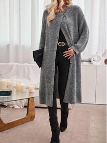 SHEIN LUNE Drop Shoulder Button Up Longline Cardigan - Grey - View 1