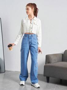 SHEIN Teenage Girls' Y2k Street Style Loose Fit Denim Cargo Pants With Multiple Pockets - Medium Wash - View 4