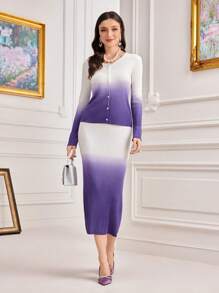 Modelyn Ombre Button Front Cardigan & Knit Skirt 2 Piece Set - Purple - View 4