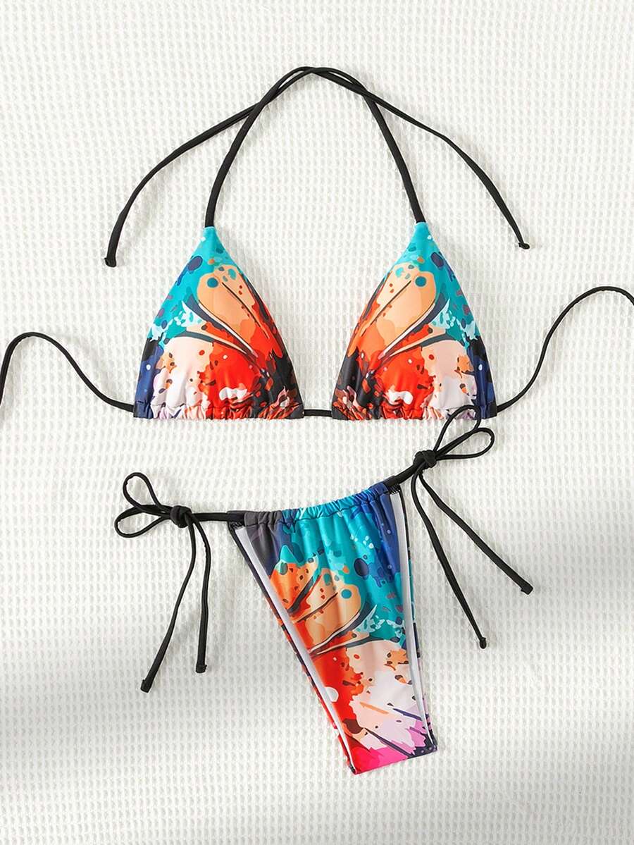 SHEIN Swim Bộ bikini in họa tiết thắt nút bên hông - Nhiều màu - Xem 1