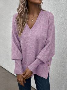 SHEIN LUNE Batwing Sleeve Button Detail Split Hem Sweater - Purple - View 3