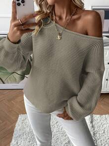 SHEIN Essnce Boat Neck Drop Shoulder Ribbed Knit Sweater - Khaki - View 3