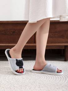 Fall/Winter Lucky Cat Open Toe Indoor House Slippers For Women With Non-Slip & Noiseless Sole, Cute Cat Design