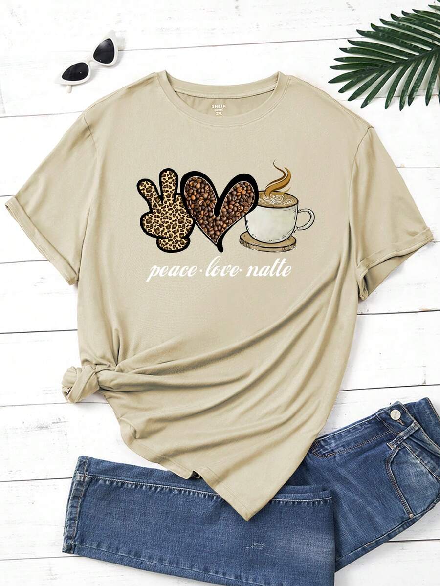 SHEIN EZwear Talla grande Camiseta con estampado de corazón y letra - Caqui - Ver 1