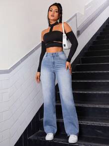SHEIN EZwear Women's Wide Leg Denim Pants - Blue - View 6