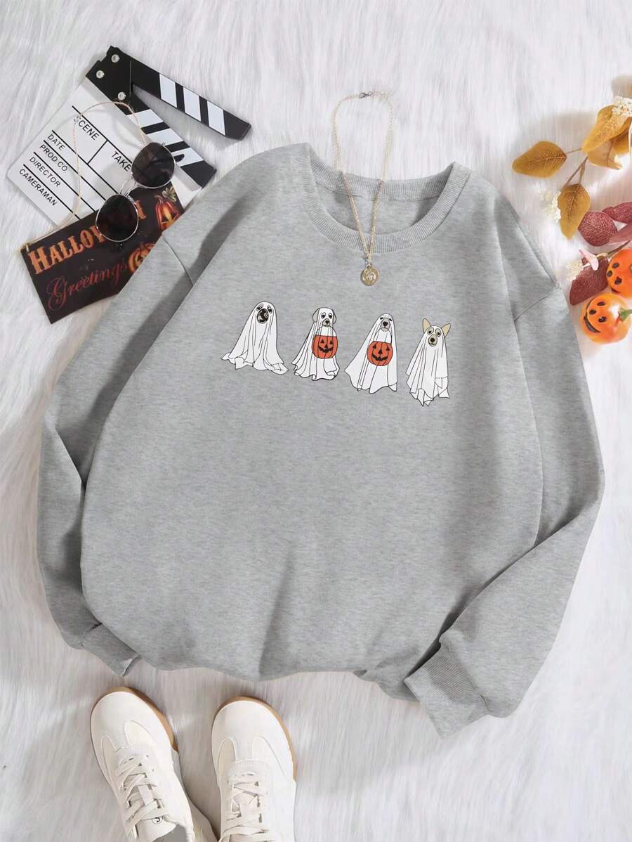 SHEIN EZwear 卡通图案保暖内衬套头卫衣 秋季卫衣 - 灰色 - 查看 1