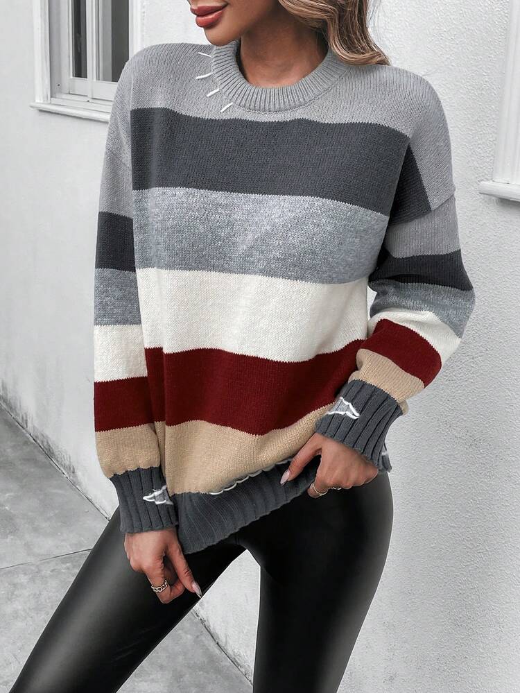 Color Block Drop Shoulder Knit Pullover Fall Winter Sweater