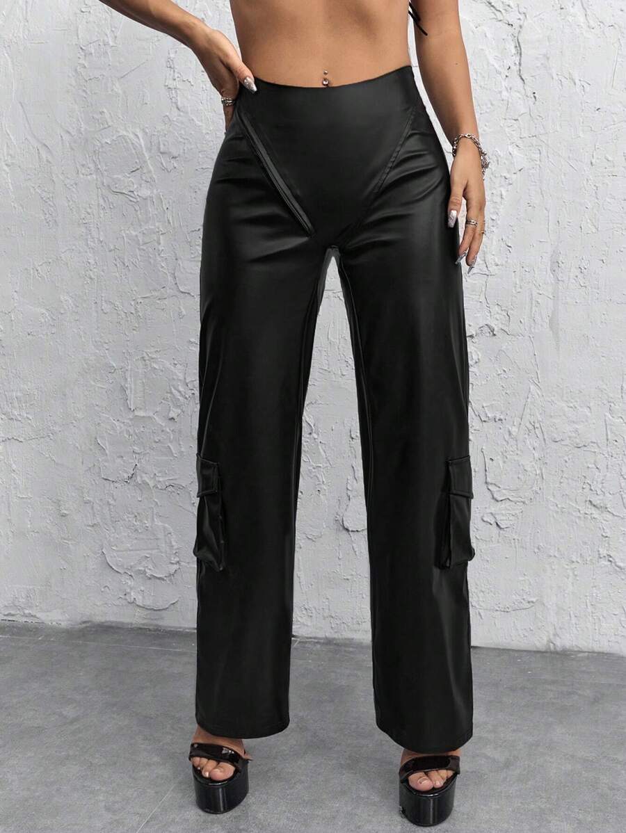 SHEIN ICON 側翻蓋口袋工裝褲 - 黑色 - 查看 1