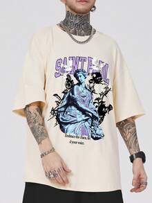 ROMWE MEN Street Life Men's Sculpted Letter Print T-shirt - Khaki - View 7