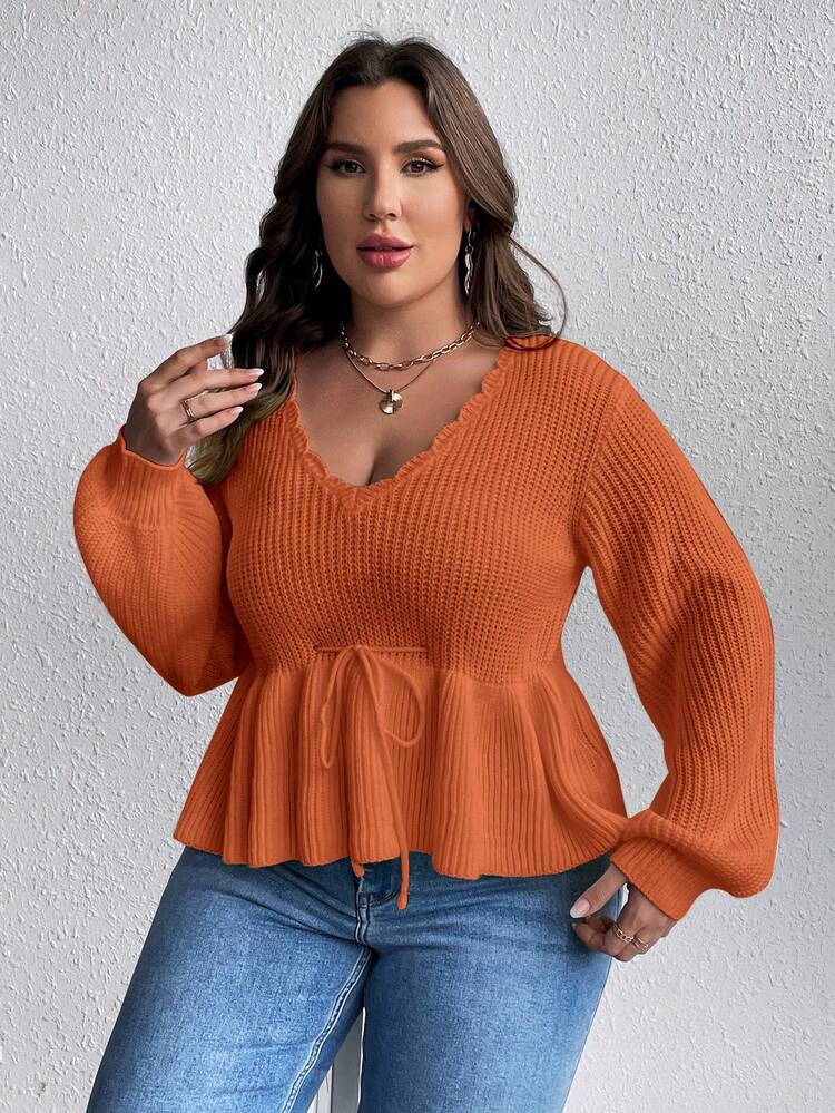 Plus Scallop Trim Lantern Sleeve Tie Front Peplum Sweater