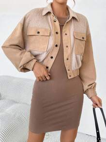 SHEIN Essnce Colorblock Flap Pocket Drop Shoulder Crop Jacket - Khaki - View 4