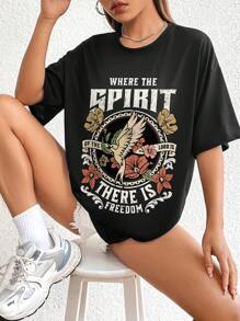 SHEIN EZwear 花和標語圖案落肩T恤 - 黑色 - 查看 3