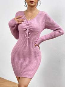 SHEIN Unity Mặt trước dây rút Đồ đan Ribbed Đầm Áo len - Hồng - Xem 3