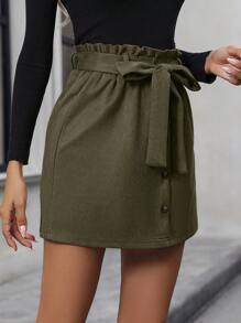 SHEIN Clasi Paperbag Waist Belted Skirt - Dark Green - View 6