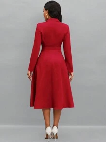 SHEIN Lady 女士纯色立领长袖优雅办公室通勤连衣裙，春/秋 - 紅色 - 查看 2