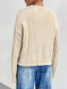 SHEIN Unity 麻花针织抽绳下摆落肩套头毛衣秋冬款 - 卡其色 - 查看 2