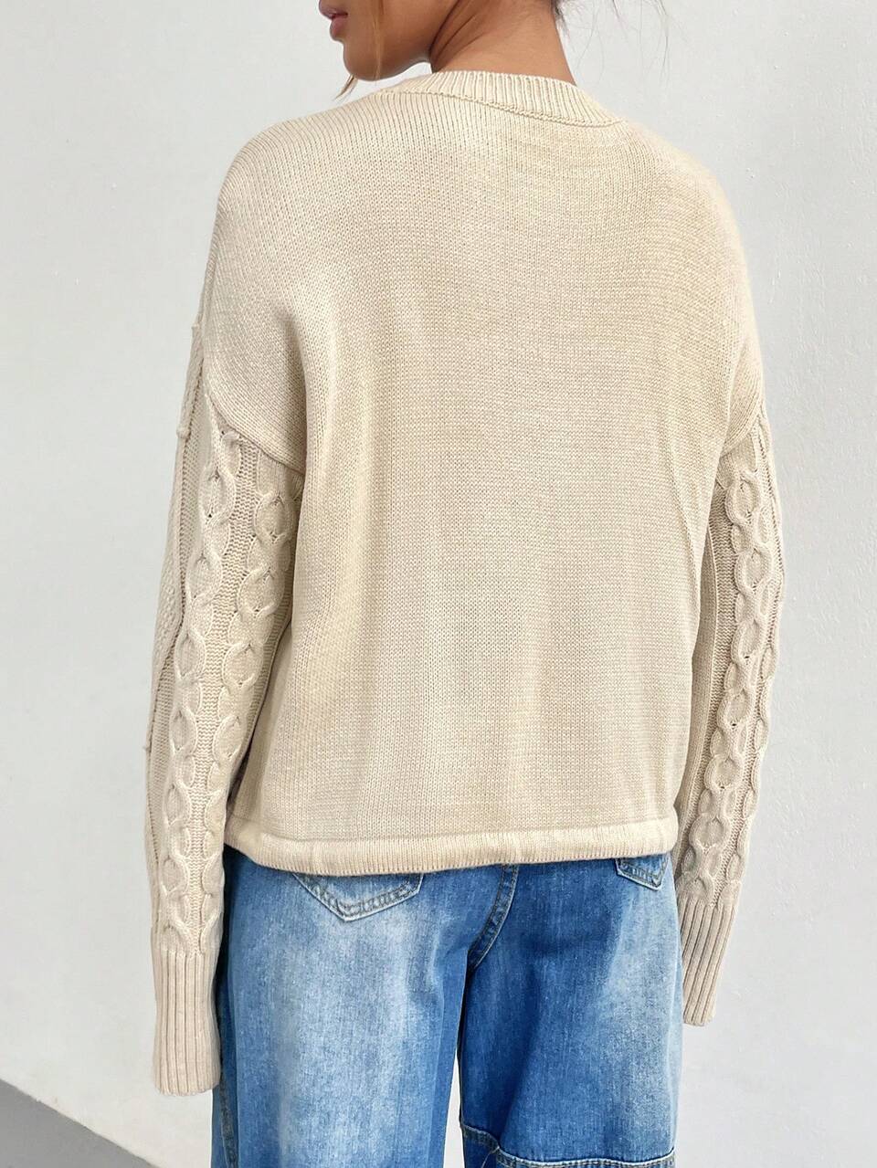 Cable Knit Drawstring Hem Drop Shoulder Knit Pullover Fall Winter Sweater