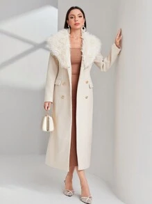Modelyn Borg Collar Double Breasted Overcoat - Beige - View 1