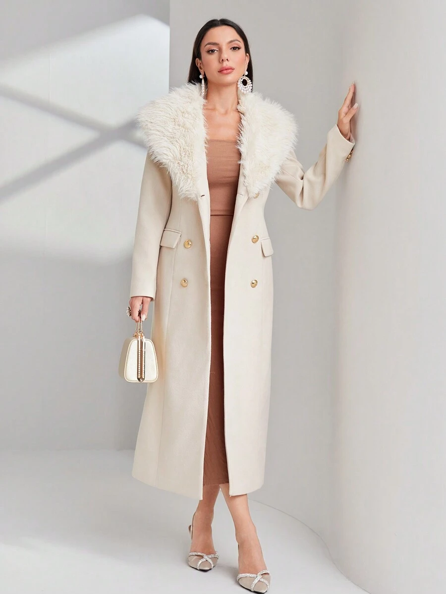 Modelyn Borg Collar Double Breasted Overcoat - Beige - View 1