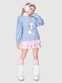 Kawaii 卡通&星星圖案麻花編織落肩袖套頭毛衣不帶襯衫 - 淺藍色 - 查看 2