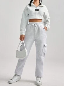 EURMUSE Drawstring Waist Flap Pocket Side Sweatpants - Light Grey - View 3