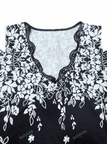 Floral Print Cold Shoulder Lace Trim Tee