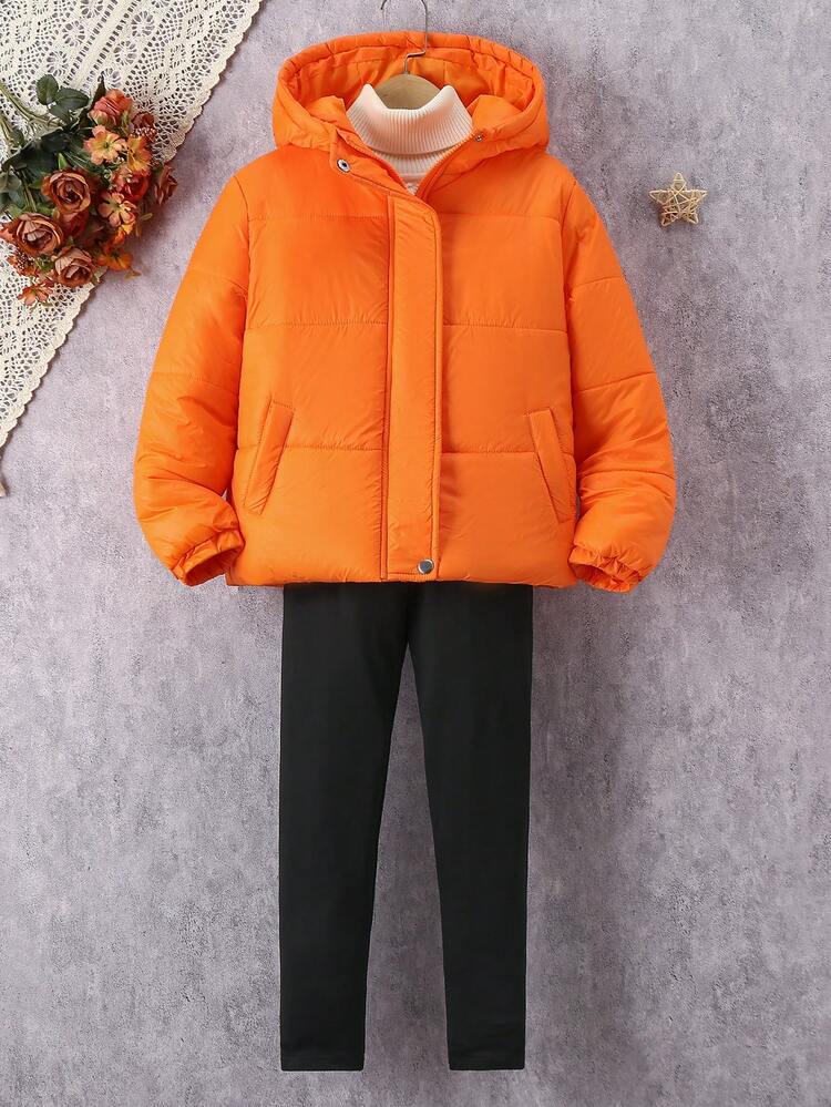 Tween Girl 1pc Slant Pockets Hooded Padded Coat & 1pc Pants