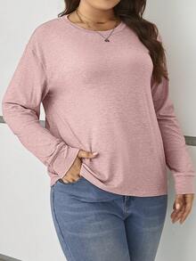 SHEIN LUNE 大尺碼女士垂墜肩純色t恤 - 粉色 - 查看 4