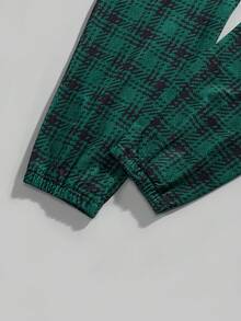 ROMWE MEN Prep Men Letter Print Plaid Drawstring Waist Jogger Pants - Green - View 3