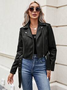 SHEIN LUNE Zip Up Belted PU Leather Moto Jacket - Black - View 3