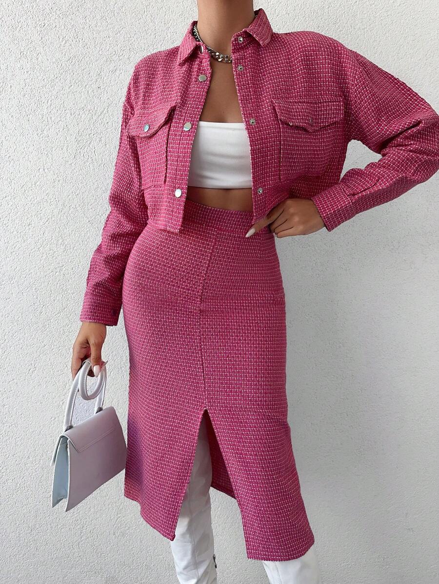 EURMUSE Drop Shoulder Crop Jacket & Split Thigh Skirt - Pink - View 1