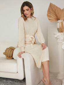 SHEIN Clasi 素色珍珠串珠腰帶毛衣洋裝 - 杏色 - 查看 4