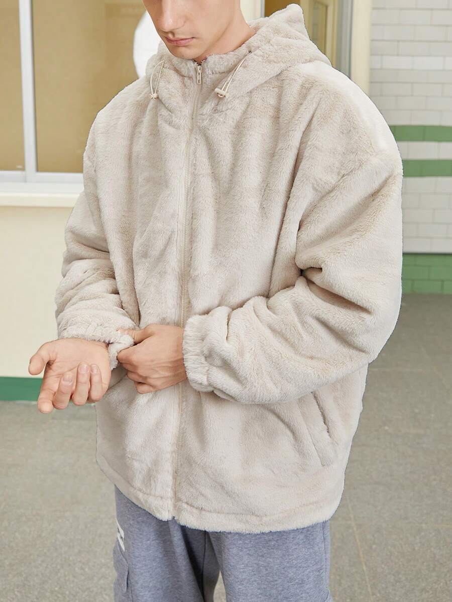 Manfinity Hypemode 男裝超鬆身落肩帽兔絨夾克,帶字母圖形印花 - 米色 - 查看 1