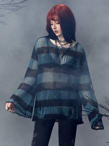 ROMWE Goth 條紋圖案波浪袖撕破毛衣,無需穿胸罩 - 藍色 - 查看 1