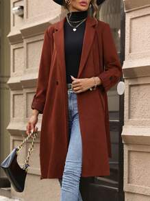 SHEIN LUNE Roll Tab Sleeve Double Button Belted Coat - Rose Red - View 6