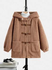 SHEIN Tween Boy Dual Pocket Raglan Sleeve Hooded Duffle Teddy Coat Without Sweater - Camel - View 1