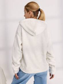 EURMUSE Slogan Embroidery Drop Shoulder Teddy Hoodie - White - View 2
