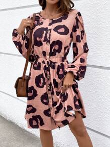 SHEIN LUNE Allover Print Button Front Lantern Sleeve Dress Fall Cloth For Women - Multicolor - View 1