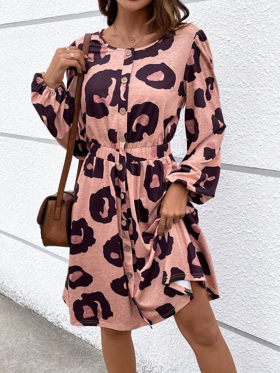 SHEIN LUNE Allover Print Button Front Lantern Sleeve Dress Fall Cloth For Women - Multicolor - View 1