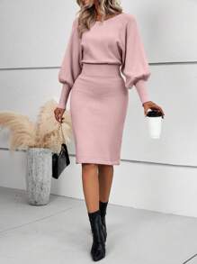 Calvaya Solid Lantern Sleeve Rib Knit Sweater Dress Fall Winter Cloth For Women