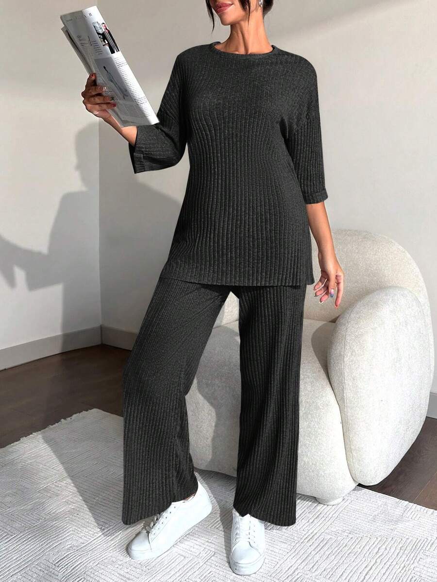 Cloudara Camiseta de hombros caídos con pantalones - Negro - Ver 1