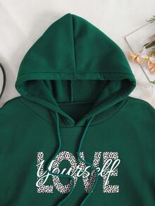 SHEIN EZwear Plus Size Letter Graphic Kangaroo Pocket Drawstring Thermal Lined Sweatshirt - Green - View 8