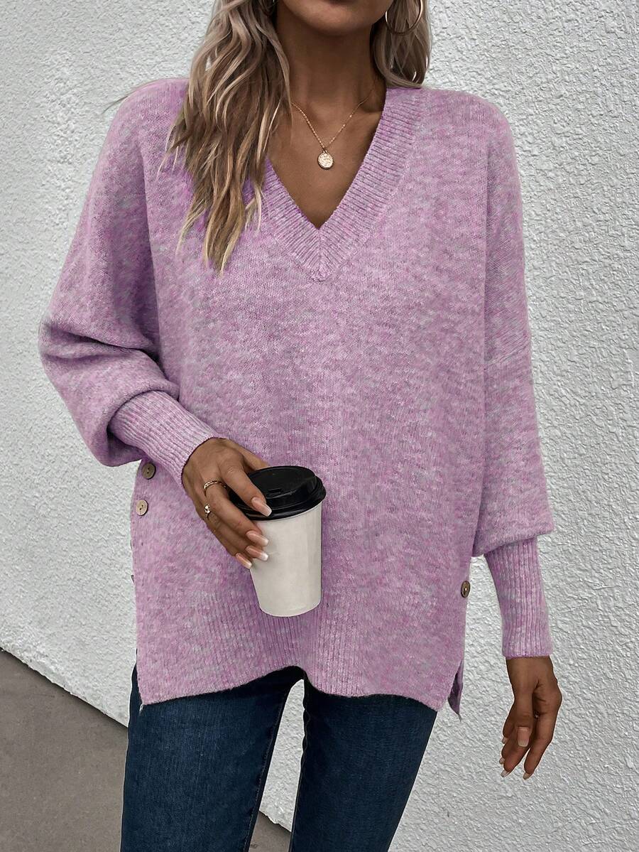 SHEIN LUNE Batwing Sleeve Button Detail Split Hem Sweater - Purple - View 1