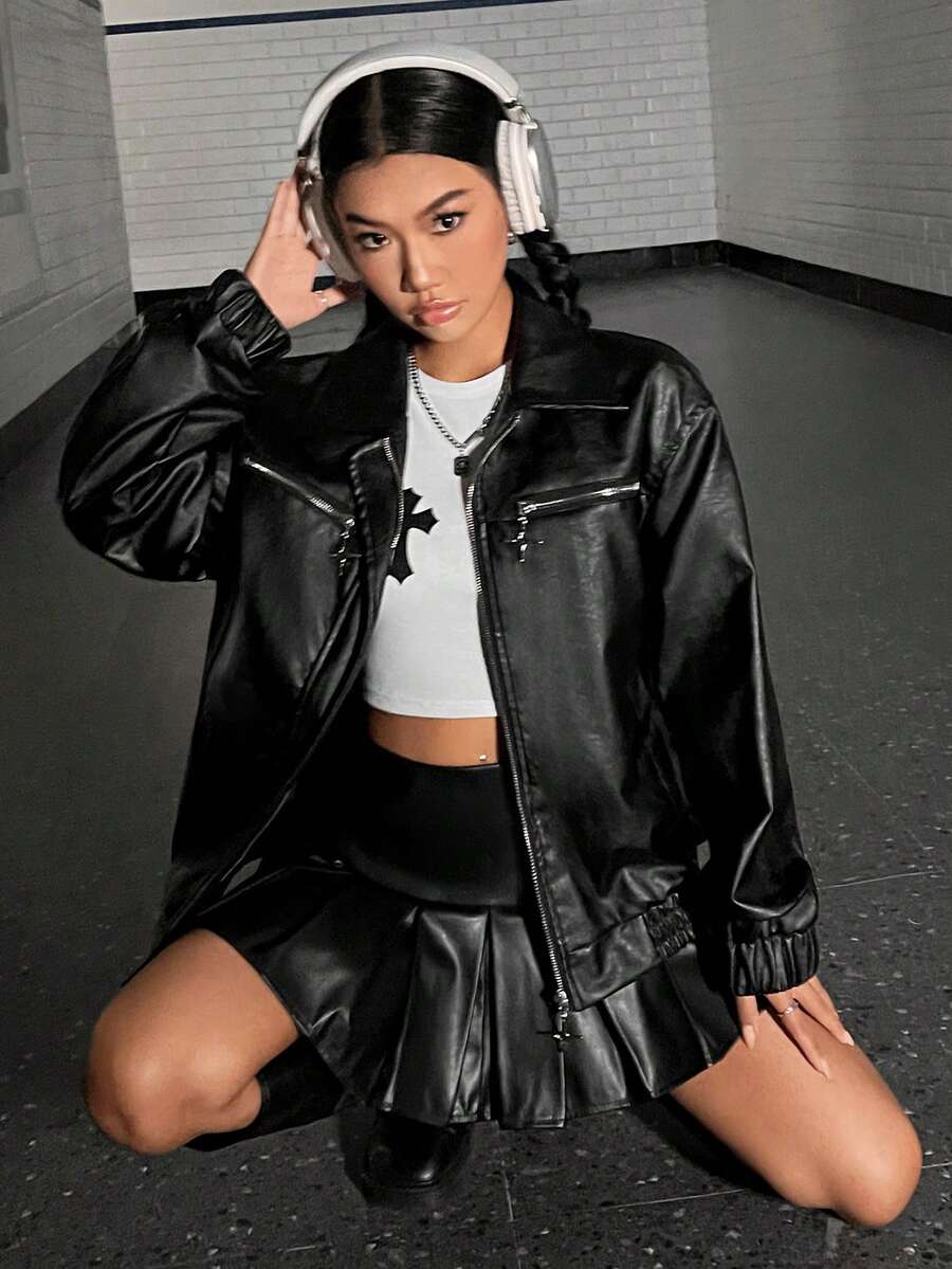 SHEIN EZwear Zip Up Drop Shoulder PU Leather Jacket - Black - View 1