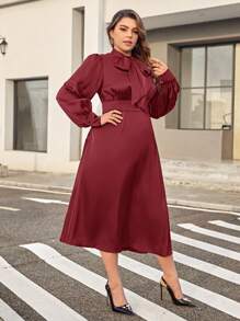 SHEIN Privé Plus Tie Neck Lantern Sleeve Dress - Burgundy - View 4