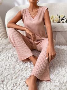 素色紋理質感針織休閒服套裝 - 藕粉色 - 查看 4