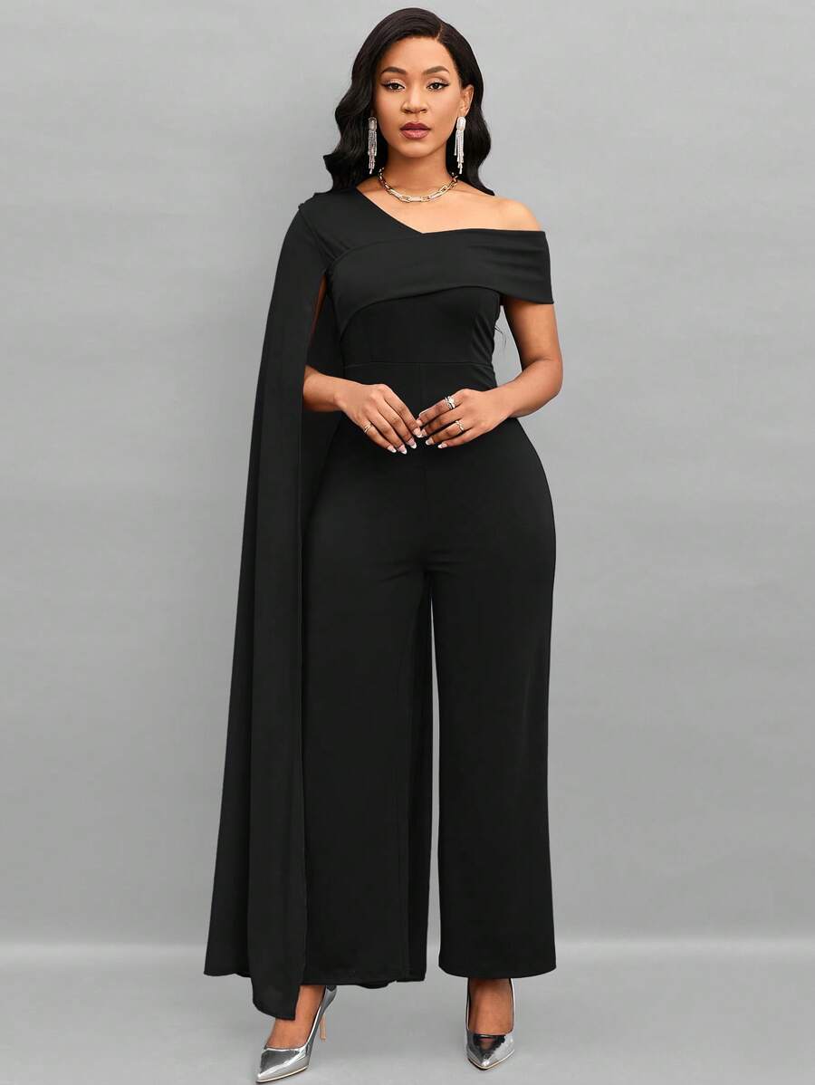 SHEIN Lady Asymmetrical Neck Cloak Sleeve Wide Leg Jumpsuit - Black - View 1