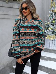 SHEIN Unity Geo Print Drop Shoulder Flannel Hoodie - Multicolor - View 5